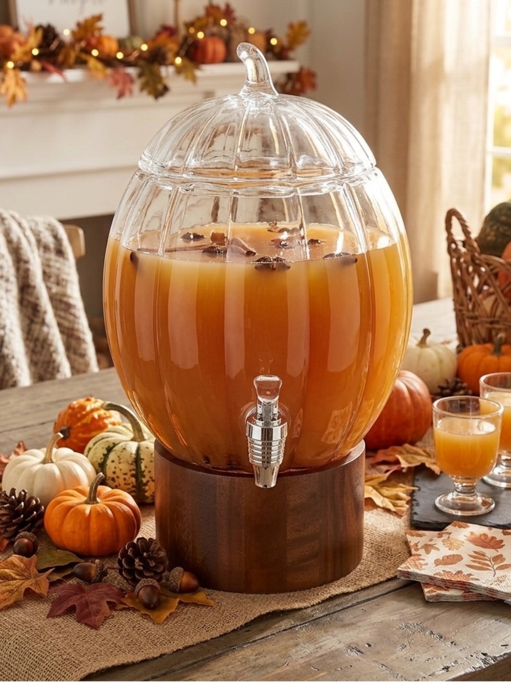 NWT Glass Pumpkin Beverage Dispenser with Wooden Base Entertaining Fall Autumn